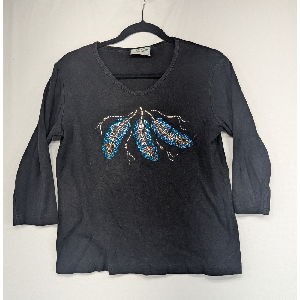 Cactus Bay Apparel Black Beaded Feather V-Neck 3/4 Sleeve Cotton Top Womens M